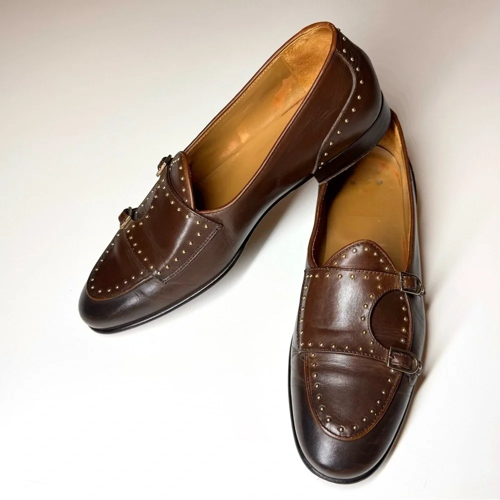 Edhen Milano Men's BRERA STUDS Brown Leather Loafers Shoes Size- 8